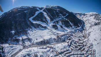 A look over Soldeu, showing endless stretches of mountains and alpine forests in this winter paradise.