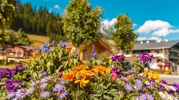 Charming village center of Filzmoos filled with vibrant, colorful flowers decorating streets and buildings under a sunny sky.