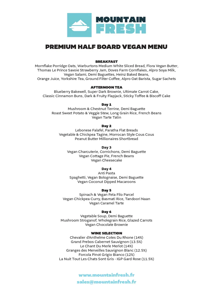 Premium Vegan Half Board Menu