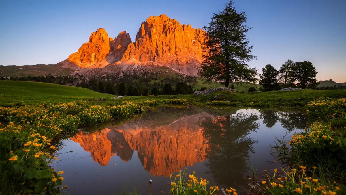 Lake by the Sella Group at Sunset, Dolomites Holidays, Selva, Italy