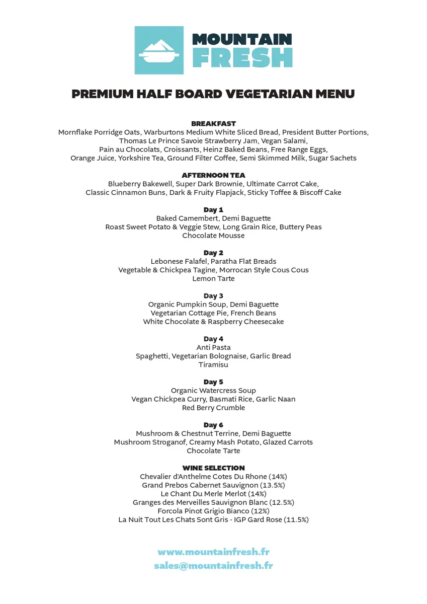 Premium Vegetarian Half Board Menu