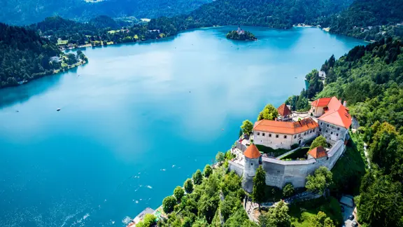 Lake Bled aerial shot over castle
