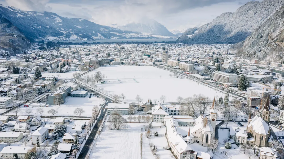 Interlaken Aerial View Churches Hoehematte Snow Winter©Daniel Reichenbach