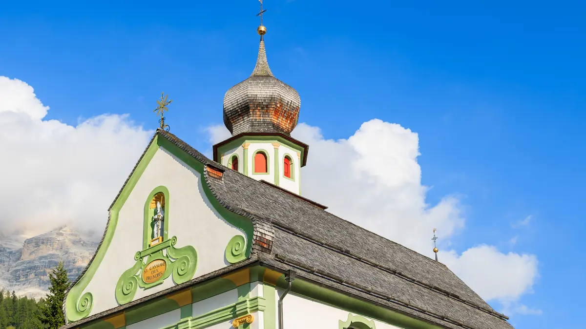 Church in San Cassiano, Dolomites, Holidays in Italy