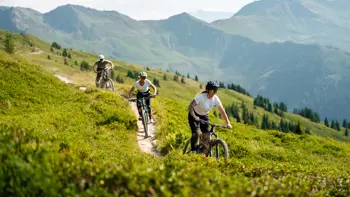 Group of cyclists riding together through the scenic Saalbach Hinterglemm mountains, surrounded by lush greenery and rugged peaks.