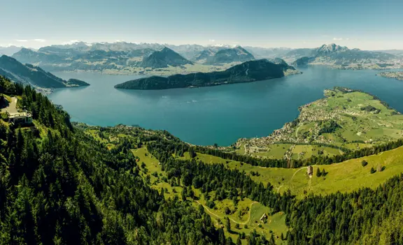 Panoramic View From The Rigi At The Känzeli With Lake Lucerne, Stanserhorn, Bürgenstock, And Pilatus In The Background ©Switzerland Tourism/Silvano Zeiter
