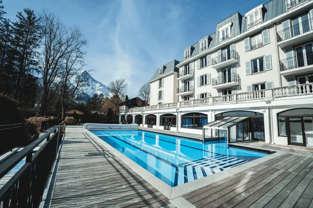 La Folie Douce Hotel Chamonix France Outdoor pool with mountain and Mont Blanc views 
