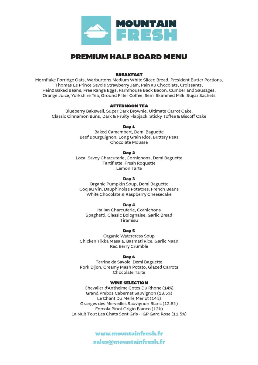 Premium Half Board Menu