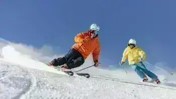 Two skiers gliding down a snowy slope in Livigno under a clear blue sky.