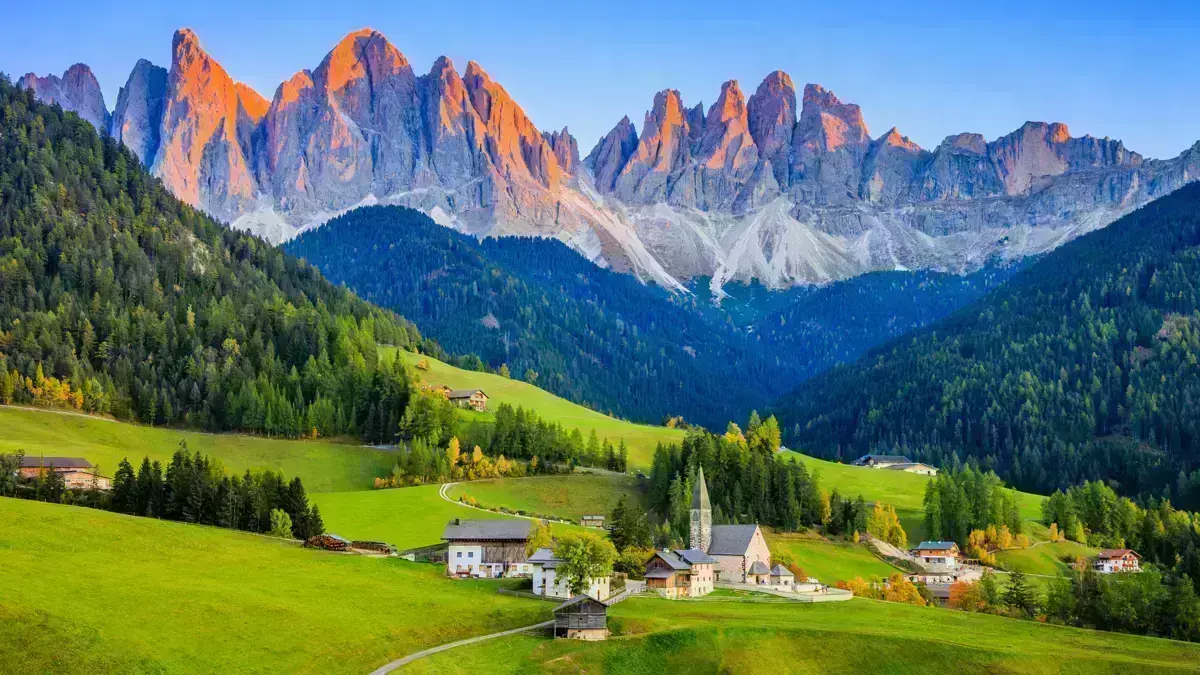 Dolomites Santa Maddalena Val Di Funes Village And Mountain View At Sunset