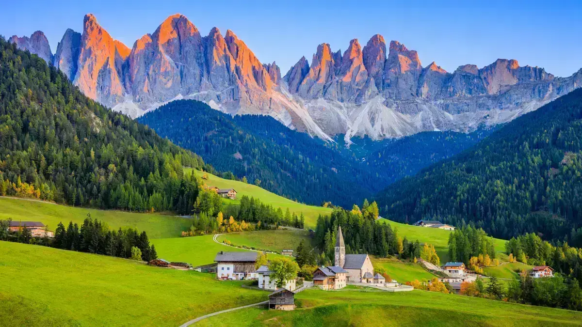 Dolomites Santa Maddalena Val Di Funes Village And Mountain View At Sunset