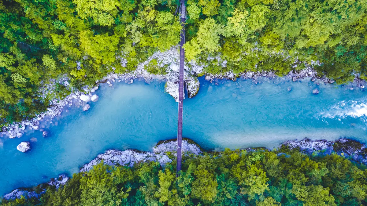 Bovec aerial view of bridge over Soča river