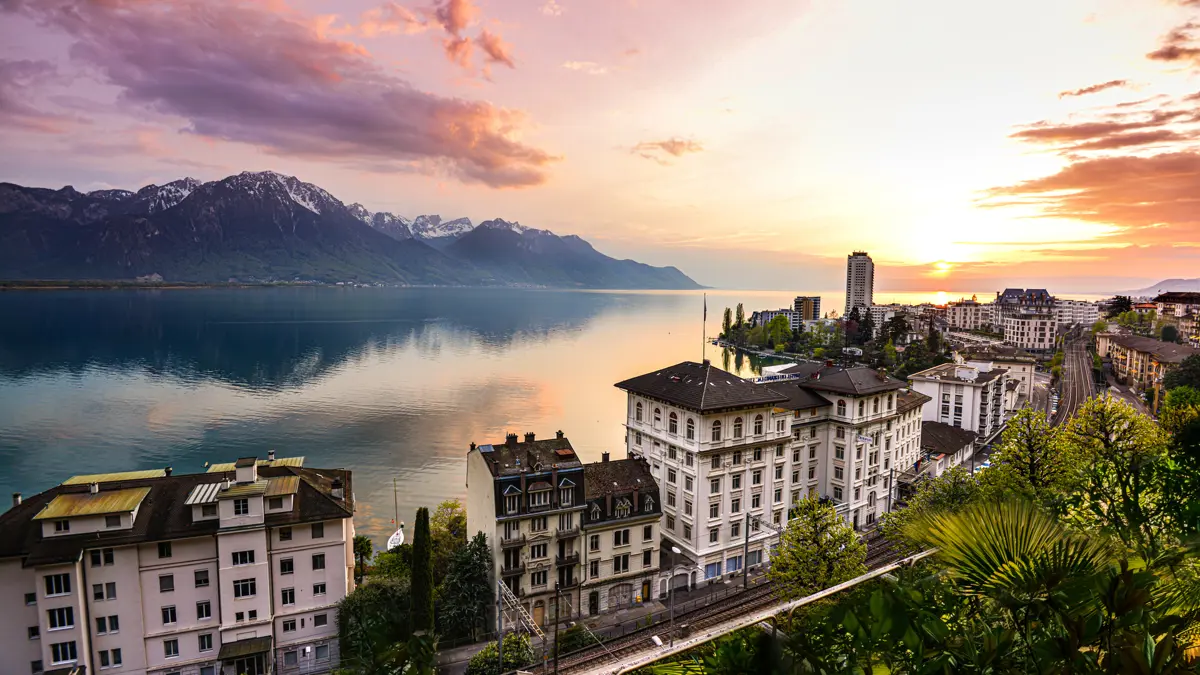 Montreux city and lake at sunset